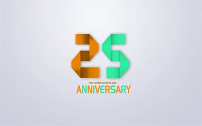 25e Anniversaire de signer, de l&#39;origami anniversaire symboles, orange, vert origami chiffres, fond Blanc, origami nombre, 25 ans, cr&#233;atrice de l&#39;art, 25 Ans Anniversaire