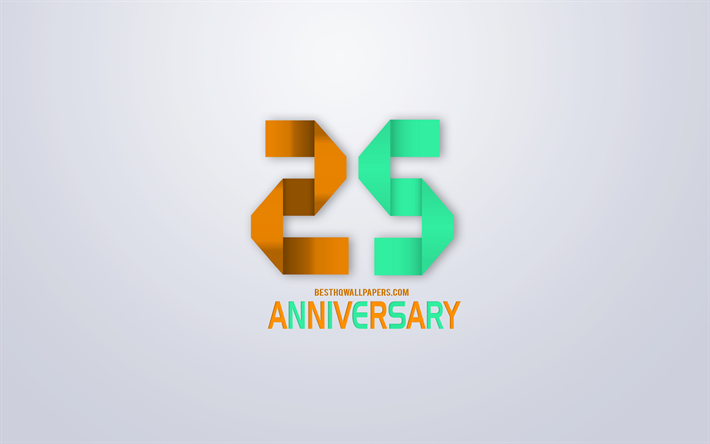 25 Aniversario signo, origami aniversario s&#237;mbolos, naranja verde origami d&#237;gitos, fondo Blanco, origami n&#250;meros, 25 Aniversario, arte creativo, de 25 A&#241;os de Aniversario