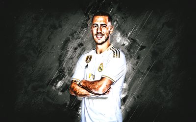 Eden Hazard, portr&#228;tt, Belgisk fotboll attackerande mittf&#228;ltare, Real Madrid, en gr&#229; sten bakgrund, fotboll
