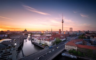 Berlin, sabah, sunrise, TV Kulesi, Berlin skyline, şehir, Almanya