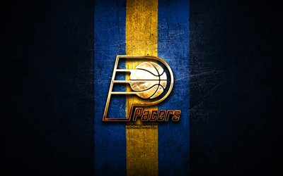 Indiana Pacers, golden logo, NBA, blue metal background, american basketball club, Indiana Pacers logo, basketball, USA
