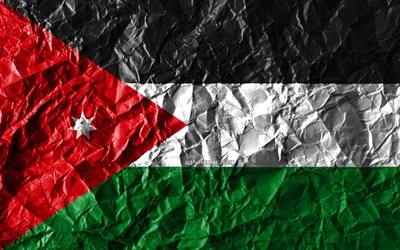 Jordan bandiera, 4k, carta stropicciata, paesi Asiatici, creativo, Bandiera della Giordania, simboli nazionali, Asia, Giordania 3D bandiera, Giordania