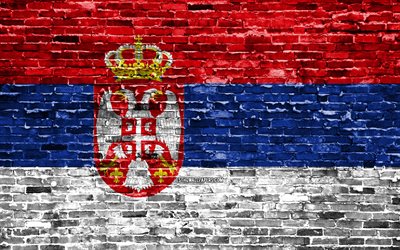 4k, العلم الصربي, الطوب الملمس, أوروبا, الرموز الوطنية, علم صربيا, brickwall, صربيا 3D العلم, البلدان الأوروبية, صربيا
