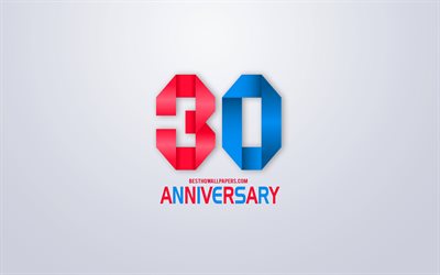 30th Anniversary sign, origami anniversary symbols, blue red origami digits, White background, origami numbers, 30th Anniversary, creative art, 30 Years Anniversary