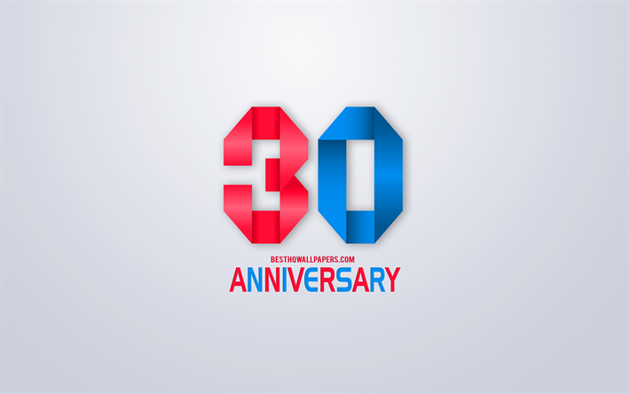 30e Anniversaire de signer, de l&#39;origami anniversaire symboles, bleu rouge origami chiffres, fond Blanc, origami num&#233;ros, 30e Anniversaire, art cr&#233;atif, 30 Ans Anniversaire