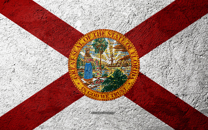 Flag of State of Florida, concrete texture, stone background, Delaware flag, USA, Florida State, flags on stone, Flag of Florida