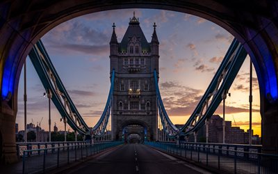Tower Bridge, 4k, London at motning, english landmarks, Europe, England, UK, United Kingdom