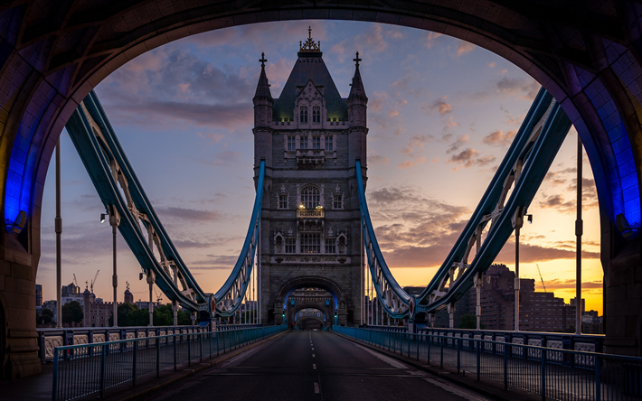 El Puente de la torre, 4k, Londres, en motning, ingl&#233;s monumentos, Europa, Inglaterra, reino unido, Reino Unido