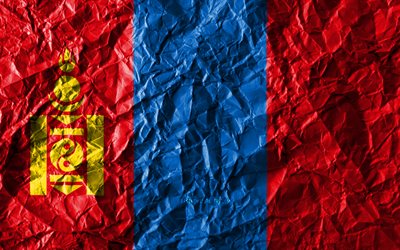 Mongolisk flagg, 4k, skrynkliga papper, Asiatiska l&#228;nder, kreativa, Flaggan i Mongoliet, nationella symboler, Asien, Mongoliet 3D-flagga, Mongoliet