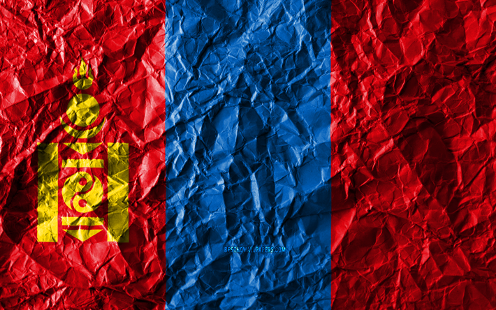 Mongolian flag, 4k, crumpled paper, Asian countries, creative, Flag of Mongolia, national symbols, Asia, Mongolia 3D flag, Mongolia