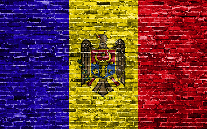4k, Moldovian lippu, tiilet rakenne, Euroopassa, kansalliset symbolit, Lipun Moldovan, brickwall, Moldovan 3D flag, Euroopan maissa, Moldova