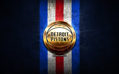 Detroit Pistons, golden logotyp, NBA, bl&#229; metall bakgrund, amerikansk basket club, Detroit Pistons logotyp, basket, USA