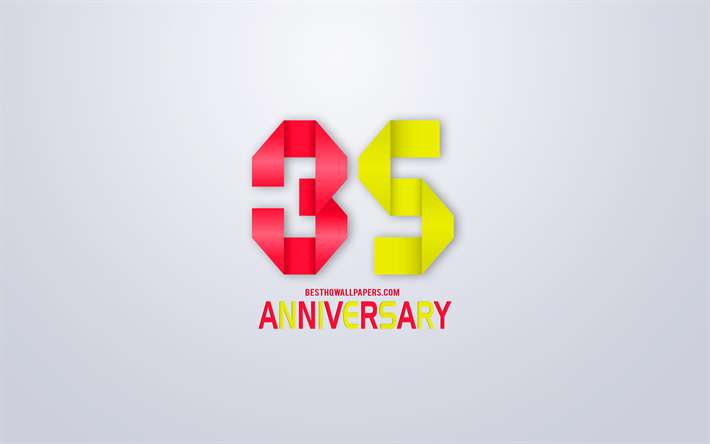 35th Anniversary sign, origami anniversary symbols, yellow red origami digits, White background, origami numbers, 35th Anniversary, creative art, 35 Years Anniversary