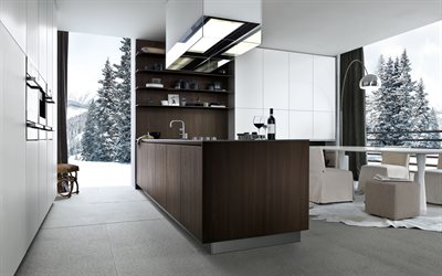 brown kitchen, brown interior, modern design, white walls, minimalist interior, white armchairs