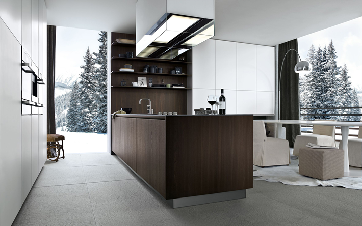 茶色のキッチン, ブラウンの落ち着いたインテリア, モダンなデザイン, 白壁, ミニマルな内装, 白いアームチェア