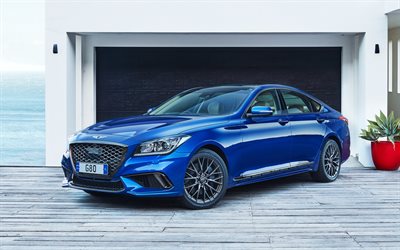 Genesis G80, 2019, front view, exterior, new blue G80, blue sedan, Korean cars, Genesis