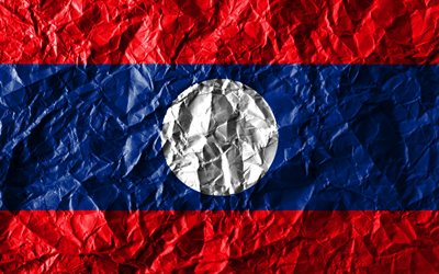 Laos bandeira, 4k, papel amassado, Pa&#237;ses asi&#225;ticos, criativo, Bandeira do Laos, s&#237;mbolos nacionais, &#193;sia, Laos 3D bandeira, Laos