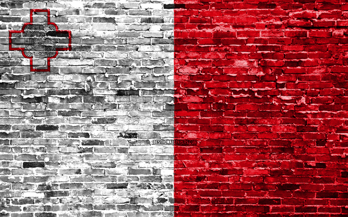 4k, Maltese flag, bricks texture, Europe, national symbols, Flag of Malta, brickwall, Malta 3D flag, European countries, Malta