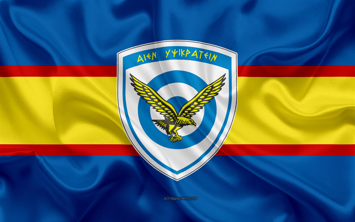 Grekiska Flygvapnet Flagga, 4K, silk flag, siden konsistens, Grekiska flygvapnet vapen, Grekland, Grekiska Flygvapnet