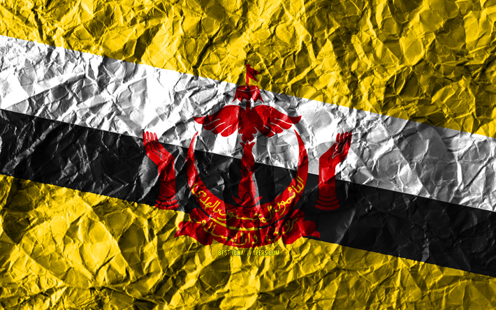 Brunei drapeau, 4k, papier froiss&#233;, les pays d&#39;Asie, cr&#233;atif, Drapeau Brunei, les symboles nationaux, en Asie, Brunei 3D drapeau Brunei