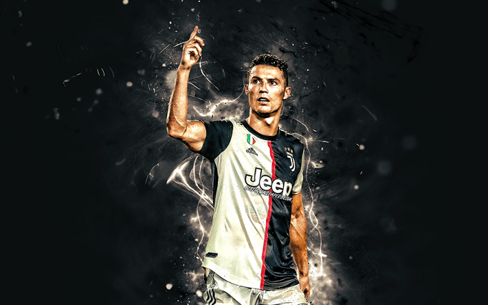 Cristiano Ronaldo, 2019, Juventus FC, m&#229;l, CR7, nya uniform, portugisiska fotbollsspelare, Italien, CR7 Juve, Juventus, fotboll stj&#228;rnor, Serie A, neon lights, fotboll