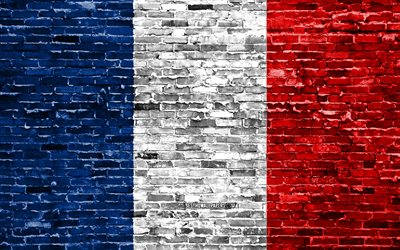 4k, Fransız bayrağı, tuğla doku, Avrupa, ulusal semboller, Fransa Bayrağı, brickwall, Fransa, 3D bayrak, Avrupa &#252;lkeleri
