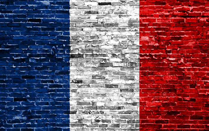4k, bandiera francese, mattoni texture, Europa, simboli nazionali, Bandiera della Francia, brickwall, Francia 3D bandiera, paesi Europei, Francia