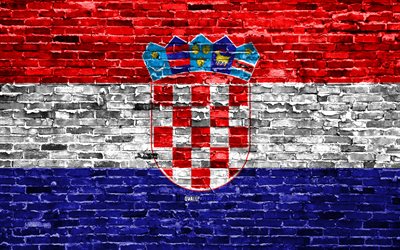 4k, Croatian flag, bricks texture, Europe, national symbols, Flag of Croatia, brickwall, Croatia 3D flag, European countries, Croatia