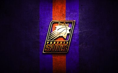 Phoenix Suns, golden logo, NBA, violet metal background, american basketball club, Phoenix Suns logo, basketball, USA