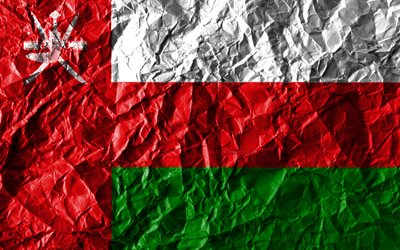 Omans flagga, 4k, skrynkliga papper, Asiatiska l&#228;nder, kreativa, Flagga av Oman, nationella symboler, Asien, Oman 3D-flagga, Din