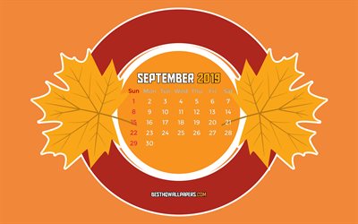 September 2019 Calendar, 4k, minimal art, 2019 calendar, September 2019, creative, autumn, September 2019 calendar with leaves, Calendar September 2019, orange background, 2019 calendars