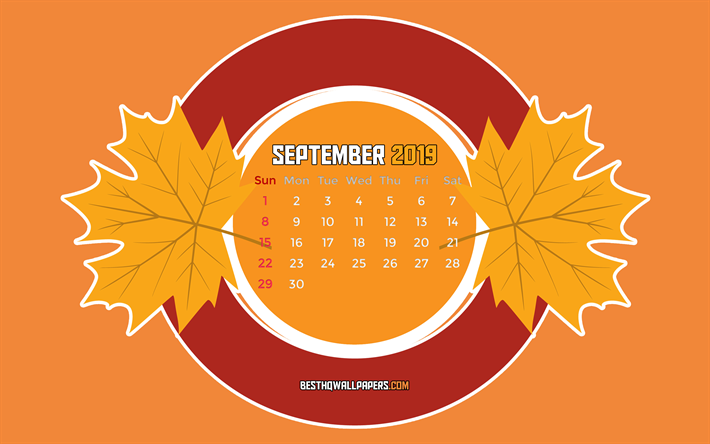 September 2019 Kalender, 4k, minimal art, 2019 kalender, September 2019, kreativa, h&#246;st, September 2019 kalender med blad, Kalender September 2019, orange bakgrund, 2019 kalendrar