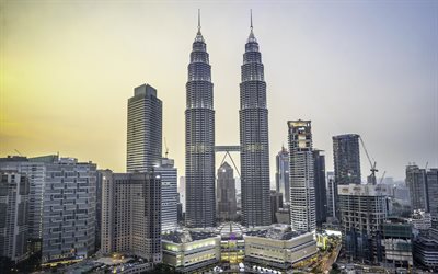 Petronas Towers, evening, skyscrapers, Kuala Lumpur, Malaysia, sunset, Asia, Petronas Towers at evening