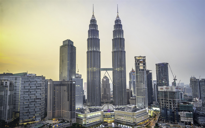 ペトロナスタワー, 夜, 高層ビル群, クアラルンプール, マレーシア, 夕日, アジア, ペトロナスタワーで夕