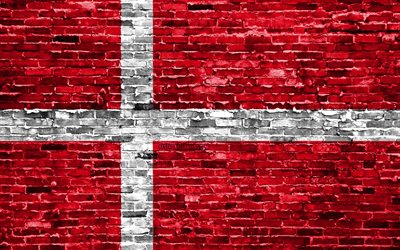 4k, bandiera danese, mattoni texture, Europa, simboli nazionali, Bandiera della Danimarca, brickwall, Danimarca 3D bandiera, paesi Europei, Danimarca