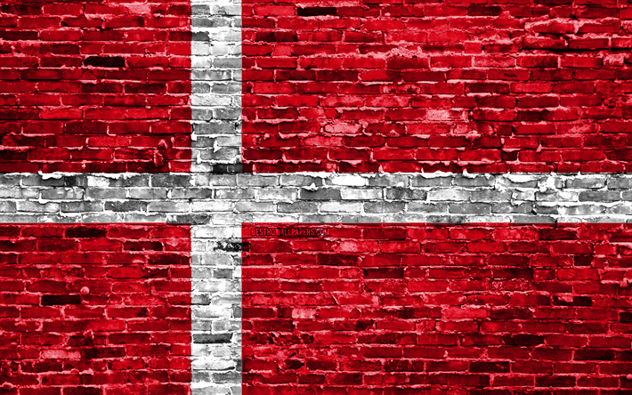 4k, Danimarka bayrak, tuğla doku, Avrupa, ulusal semboller, Danimarka Bayrak, brickwall, Danimarka 3D bayrak, Avrupa &#252;lkeleri, Danimarka