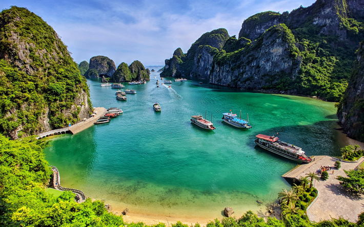 La Bah&#237;a de Ha Long, 4k, el mar, la hermosa naturaleza, el para&#237;so, Vietnam, Asia, Vịnh Hạ Long, HDR, viajes de verano
