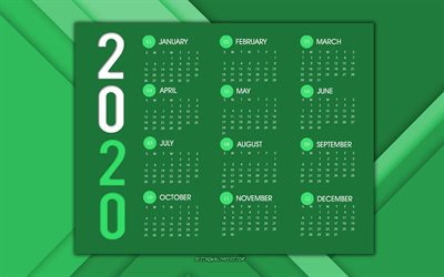2020 Calendar, all months, green abstract background, green 2020 calendar, Year 2020 Calendar