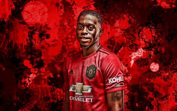 Aaron Wan-Bissaka, red paint splashes, english footballers, Manchester United FC, grunge art, Premier League, Wan-Bissaka, soccer, football, Man United