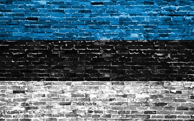 4k, Estonya bayrağı, tuğla doku, Estonya Avrupa, ulusal semboller, Bayrak, brickwall, Estonya 3D bayrak, Avrupa &#252;lkeleri, Estonya
