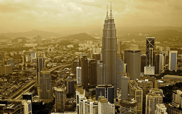 Kuala Lumpur, les Tours Petronas, soir&#233;e, coucher du soleil, paysage urbain, les b&#226;timents modernes, Malaisie