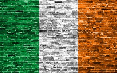 4k, Irish flag, bricks texture, Europe, national symbols, Flag of Ireland, brickwall, Ireland 3D flag, European countries, Ireland