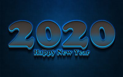 2020 blue 3D digits, grunge, Happy New Year 2020, blue metal background, 2020 neon art, 2020 concepts, blue neon digits, 2020 on blue background, 2020 year digits