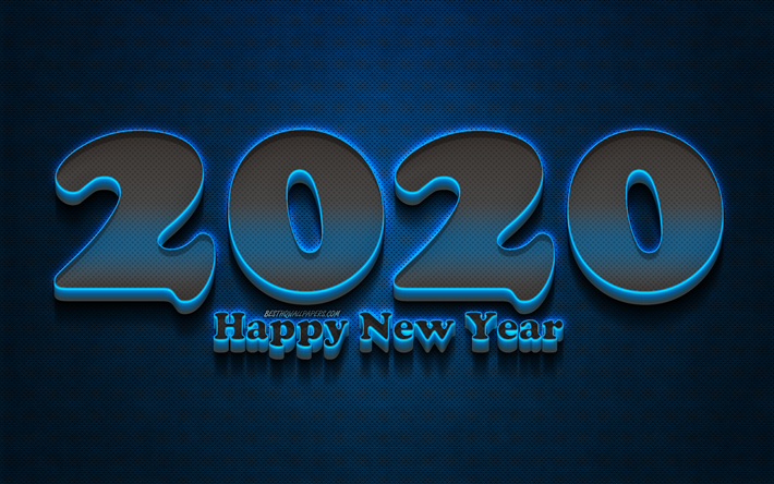 2020 bleu 3D chiffres, grunge, Heureux Nouvel An 2020, bleu m&#233;tal, fond, horizon 2020 neon art, 2020 concepts, n&#233;on bleu, chiffres, 2020 sur fond bleu, l&#39;an 2020 chiffres