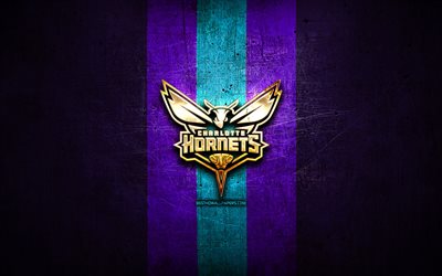 Charlotte Hornets, golden logo, NBA, violet metal background, american basketball club, Charlotte Hornets logo, basketball, USA