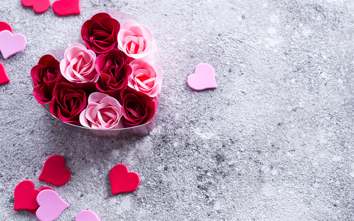 cora&#231;&#227;o de rosas, rosas cor-de-rosa, rosas vermelhas, presente rom&#226;ntico de rosas, rom&#226;ntica de fundo, 14 de fevereiro, Dia Dos Namorados