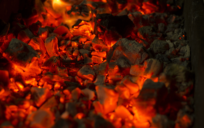 los carbones de texturas, 4k, chimenea, carbones, la hoguera, el fuego de las llamas, naranja fuego textura