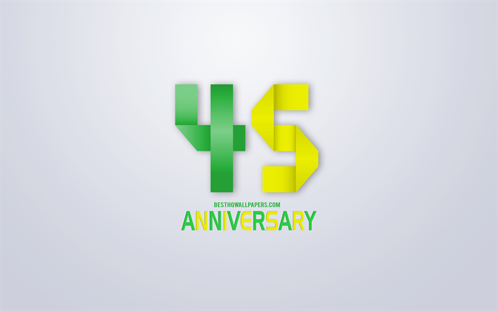 45 &#176; Anniversario segno, origami anniversario simboli, giallo, verde, origami cifre, sfondo Bianco, origami numeri, 45 &#176; Anniversario, arte creativa, 45 Anni