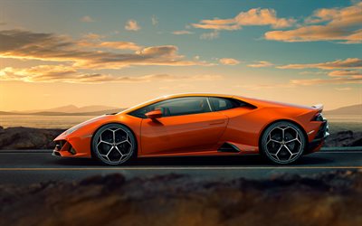 Lamborghini Huracan EVO, 2019, vue de c&#244;t&#233;, orange supercar tuning Huracan, des voitures de sport italiennes, Lamborghini