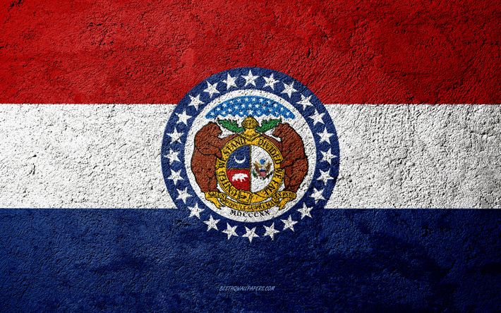 Flag of State of Missouri, concrete texture, stone background, Missouri flag, USA, Missouri State, flags on stone, Flag of Missouri